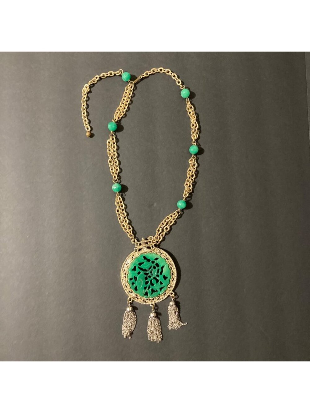 Carved Bird Faux Jade Large Medallion Pendant Necklace With Tassels 1960s